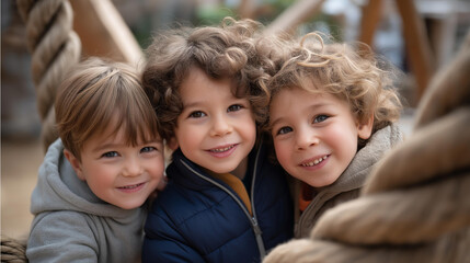 Family building tire swing in backyard tying ropes hanging tire laughing kids rustling breeze. Playful photo with rope knots tire treads kid joy. three quarter wide angle