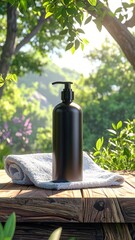 Black pump bottle on wooden surface surrounded by nature