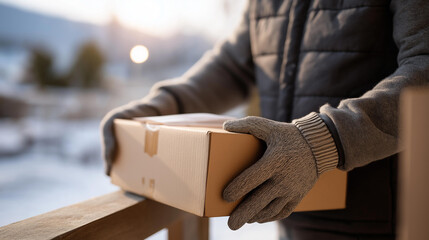 Fototapeta premium Worker checking packages in snowy warehouse creased cardboard box nicked tape dispenser. Curled receipt in pocket frayed glove on scarred crate. Snow outside radio static. Phot