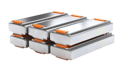 Stack of silver EV battery cells with orange tabs and brushed foil finish, isolated on transparent background.
