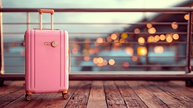A pink suitcase stands on a wooden deck cityscape bokeh backdrop