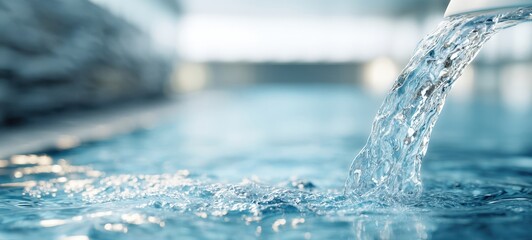 The Water Flowing Into A Sparkling Indoor Pool With Bokeh Background