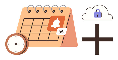 Calendar with alert, clock, cloud lock, and plus symbol represents time management, reminders, security, planning, task organization collaboration and productivity. Ideal for concepts thumbs up