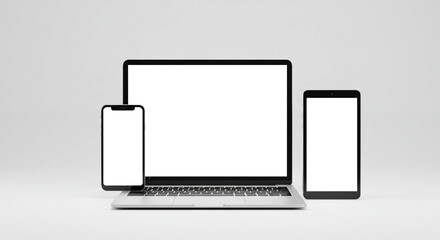 Laptop smartphone and tablet with blank white screens on a white surface in a studio environment setup