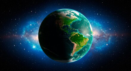 Fototapeta premium A vibrant earth globe with north and south america visible against a backdrop of stars and nebula clouds