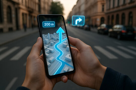 Digital Navigation on the Street: A pair of hands tightly grasps a smartphone, showcasing augmented reality navigation in a city setting, highlighting direction and distance.