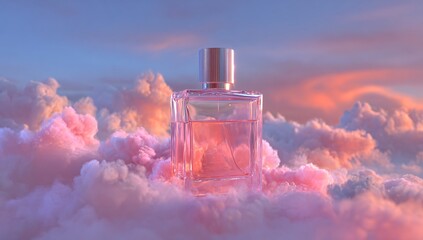 Elegant Perfume Bottle on Cloudscape with Pastel Sky