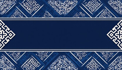 Elegant navy blue and white geometric pattern background with a horizontal banner