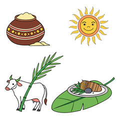 Illustration of pongal elements, featuring a traditional pot, the sun, a cow, and a dish on a banana leaf, symbolizing the harvest festival and its cultural significance