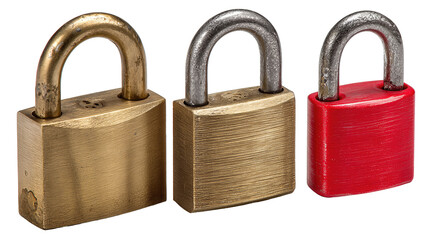 Naklejka premium Security lock trio with brushed textures and minor scuffs, isolated on transparent background. 
