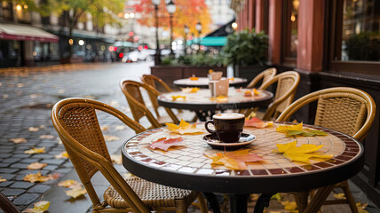 A cozy outdoor cafe in autumn, strewn with fallen orange and yellow leaves.
