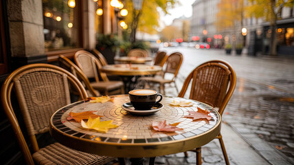 A cozy outdoor cafe in autumn, strewn with fallen orange and yellow leaves.