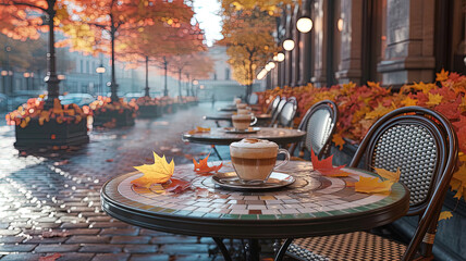 A cozy outdoor cafe in autumn, strewn with fallen orange and yellow leaves.