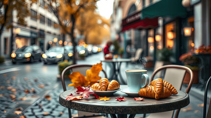 A cozy outdoor cafe in autumn, strewn with fallen orange and yellow leaves.