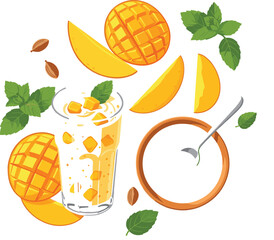Vector Flat Lay of Lassi with Fruits and Spices