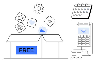 Open box labeled Free releasing icons cart, heart, globe, video, gear, payment terminal with receipt, and calendar. Ideal for digital marketing, subscriptions technology business solutions
