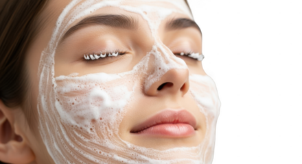 A woman with her eyes closed enjoys a facial cleansing foam mask, isolated on transparent background