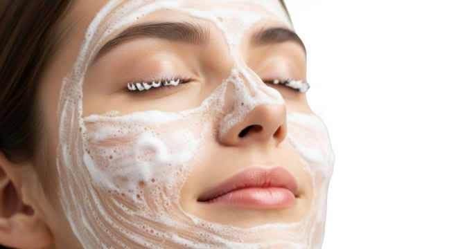 A woman with her eyes closed enjoys a facial cleansing foam mask, isolated on transparent background