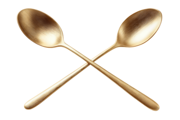 Two crossed dessert spoons in brushed champagne-gold finish with micro-scratches, isolated on transparent background.
