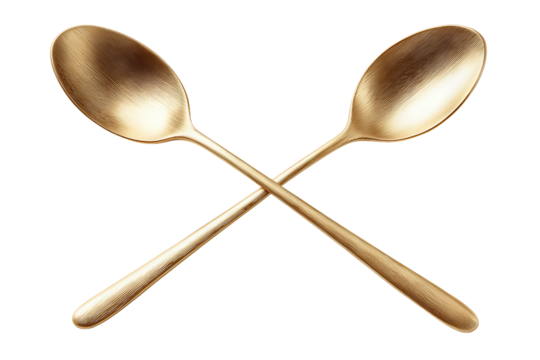 Two crossed dessert spoons in brushed champagne-gold finish with micro-scratches, isolated on transparent background.
