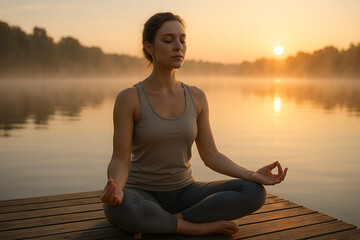 Fototapeta premium Serene Morning Meditation by Lake: Witness a woman in deep meditation, her posture reflecting tranquility, as the sun rises over the tranquil lake, embracing the peaceful morning atmosphere.