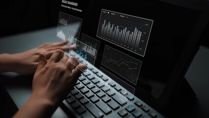 Business data analysis dashboard showing charts, statistics, and performance metrics for...