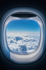 Airplane window view showcasing a stunning landscape of fluffy white clouds under a bright blue sky, capturing the essence of travel and adventure in the skies