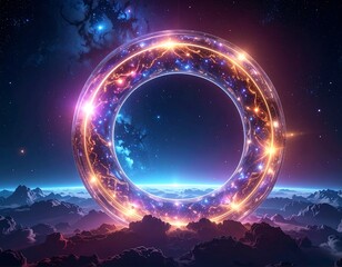 Cosmic ring portal over alien landscape