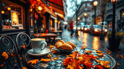 A cozy outdoor cafe in autumn, strewn with fallen orange and yellow leaves.