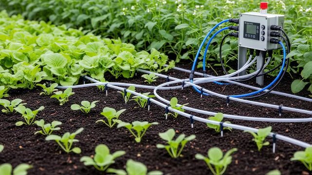 Medium shot of automated fertigation system distributing nutrients evenly across thriving crops in a smart irrigation setup