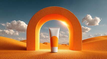 Luxurious skincare product in a desert landscape evoking purity and protection from the sun's harsh rays, ideal for beauty ads and wellness campaigns