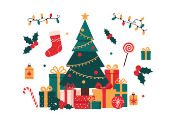 Christmas tree surrounded by festive gifts and decorations.