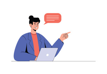 A person pointing towards the screen while speaking during a conversation on a laptop.