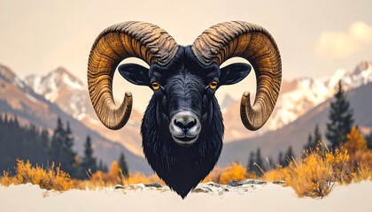 Black ram head, majestic mountains