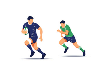 Obraz premium Two men playing rugby running with the ball on the field.