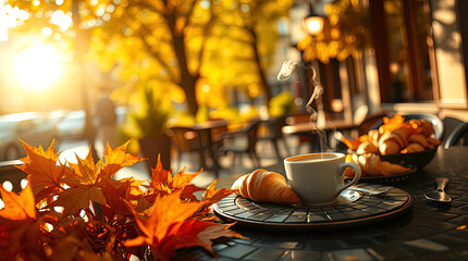 A cozy outdoor cafe in autumn, strewn with fallen orange and yellow leaves.