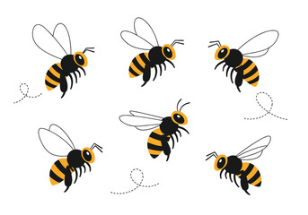 A group of happy cartoon bees flying around in a playful pattern.