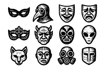 Fototapeta premium Collection of dramatic mask icons featuring diverse emotions and historical styles