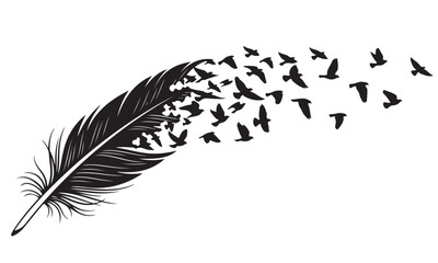 Feather Transforming into a Flock of Flying Birds Silhouette