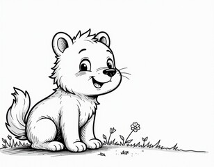 Cute Cartoon Animal Cub Line Art on Grass - Black and White Illustration