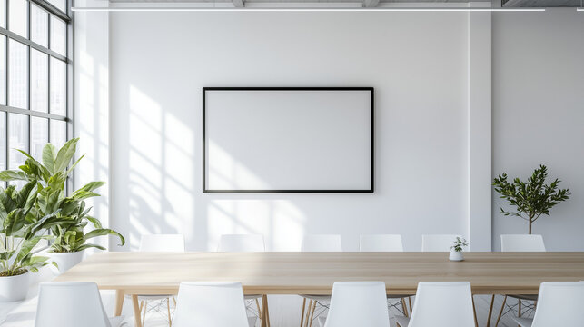 Modern conference room with a large empty frame, wooden table, and indoor plants - Powered by Adobe