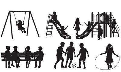 Silhouettes of Children Playing Diverse Games and Activities on a Playground