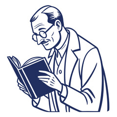 A distinguished gentleman wearing glasses and a suit reads a book with focused concentration