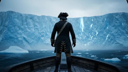 Adventurous voyage: pirate captain facing majestic iceberg in arctic waters