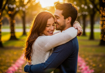 Fototapeta premium Young couple embracing at sunset, glowing Valentine’s atmosphere, cinematic lifestyle photography with romantic warm tones, Sony lens look, emotional depth of field, greeting card friendly composition