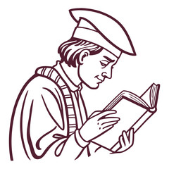 A scholar in academic attire reads a book with a focused expression and a cap