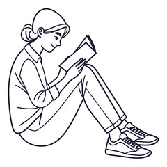 A young woman with her hair in a bun sits cross legged reading a book with a smile
