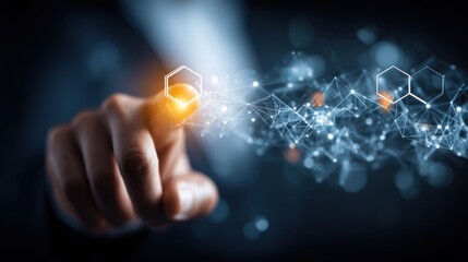 Finger touching a glowing network, representing digital technology and data connectivity.