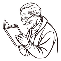 Elderly man wearing glasses and a scarf reading a book with a gentle smile