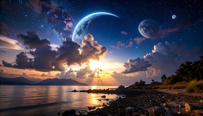 Cosmic sunset over a tranquil beach